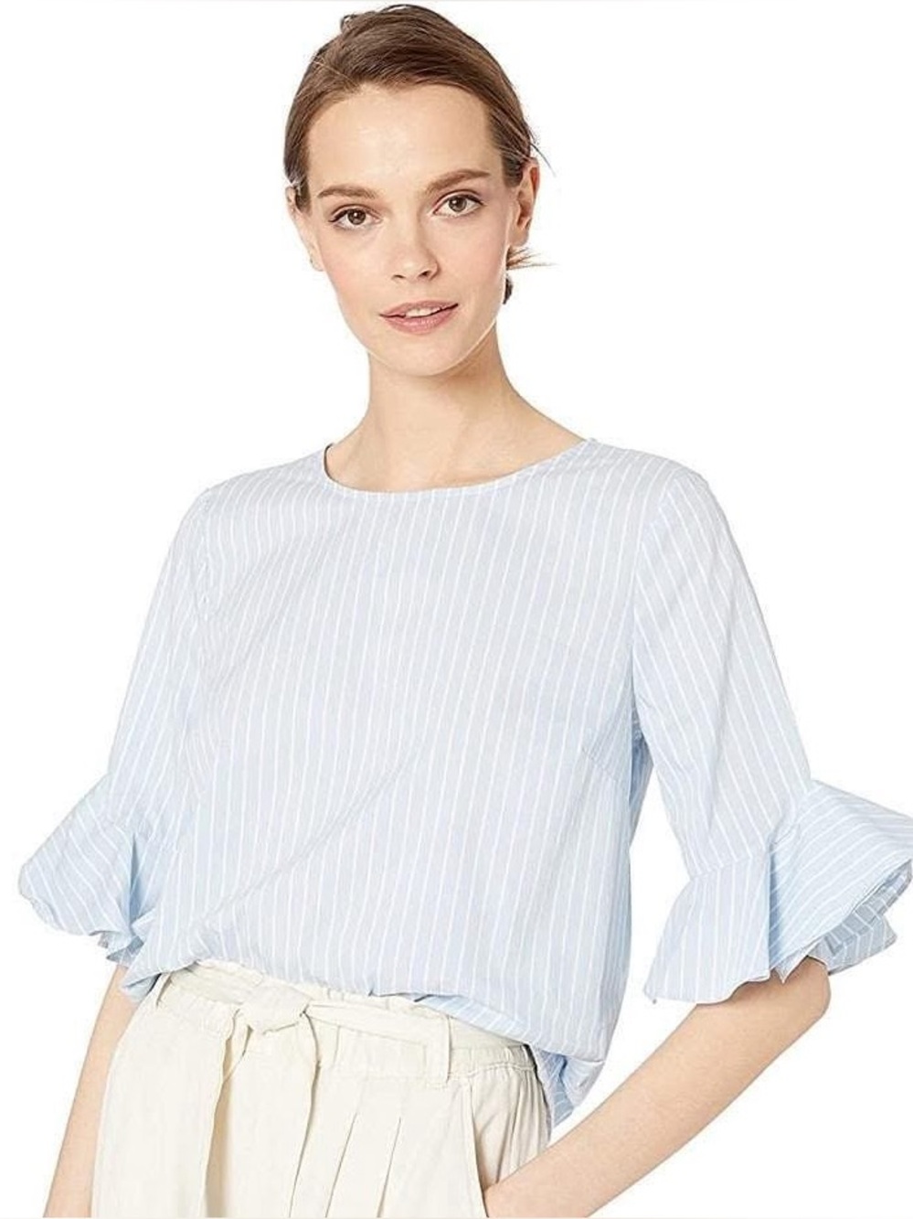 Calvin Klein Light Blue Pinstripe Ruffle Sleeve Blouse Preppy
